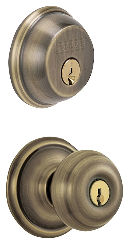 Schlage FB50NVGEO609 Knob Lockset, Mechanical Lock, Knob Handle, Round Design, Antique Brass, 1 Grade, Rekeyable