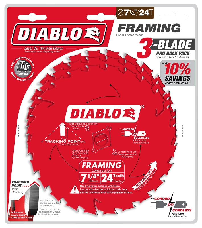 Diablo D0724X3 Saw Blade, 7-1/4 in Dia, 5/8 in Arbor, 24-Teeth, Applicable Materials: Wood