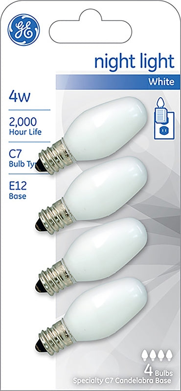 GE 20573 Night Light Bulb, 4 W, E12 Candelabra Lamp Base, C7 Lamp, White Light, 14 Lumens, 2000 hr Average Life