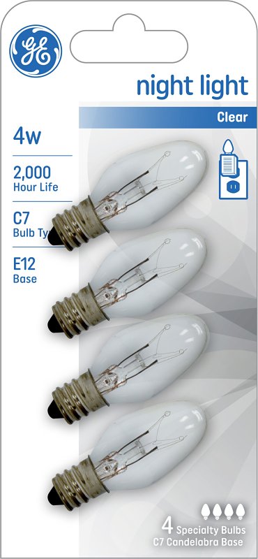 GE 20572 Night Light Bulb, 4 W, E12 Candelabra Lamp Base, C7 Lamp, 16 Lumens, 2000 hr Average Life