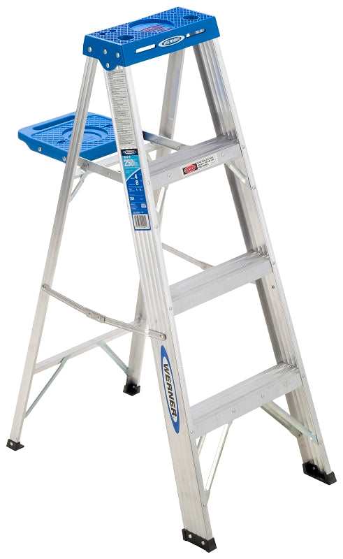WERNER 364 Step Ladder, 8 ft Max Reach H, 3-Step, 250 lb, Type I Duty Rating, 6 in D Step, Aluminum/Plastic, Silver