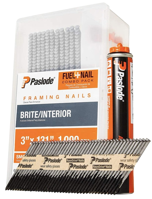Paslode 650525 Framing Fuel and Nail Combo Pack, 3 in L, Low Carbon Steel, Bright, Round Head, Smooth Shank, 1000/CT