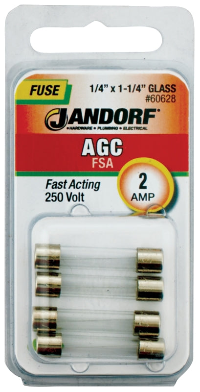 Jandorf 60628 Fast Acting Fuse, 2 A, 250 V, 100 A, 10 kA Interrupt, Glass Body