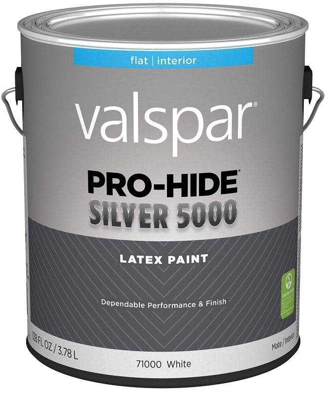Valspar Pro-Hide Silver 5000 7100 028.0071000.007 Latex Paint, Water Base, Flat Sheen, White Base, 1 gal, Metal Can