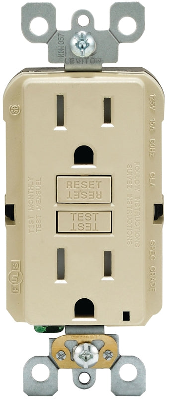 Leviton R91-GFTR1-0KI GFCI Duplex Receptacle, 2 -Pole, 15 A, 125 V, Back, Side Wiring, NEMA: 5-15R, Ivory