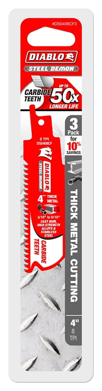 Diablo DS0408CF3C Reciprocating Saw Blade, 4 in L, 8 TPI, Carbide Cutting Edge