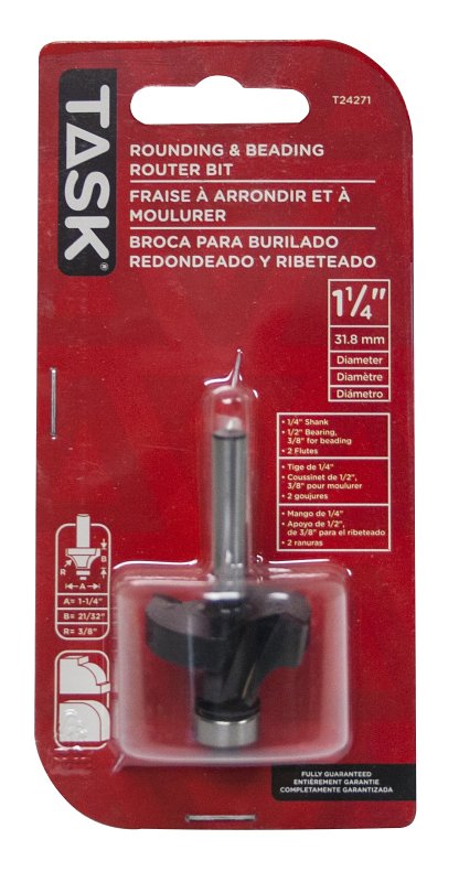 Task T24271 Router Bit, 1-1/4 in Dia Cutter, 1/4 in Dia Shank, Steel/Tungsten Carbide