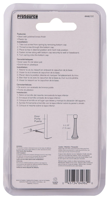 Prosource H62-B040C-PS Heavy-Duty Spring, 15/16 in Dia Base, 3-1/8 in Projection, Plastic & Steel, Polished Brass