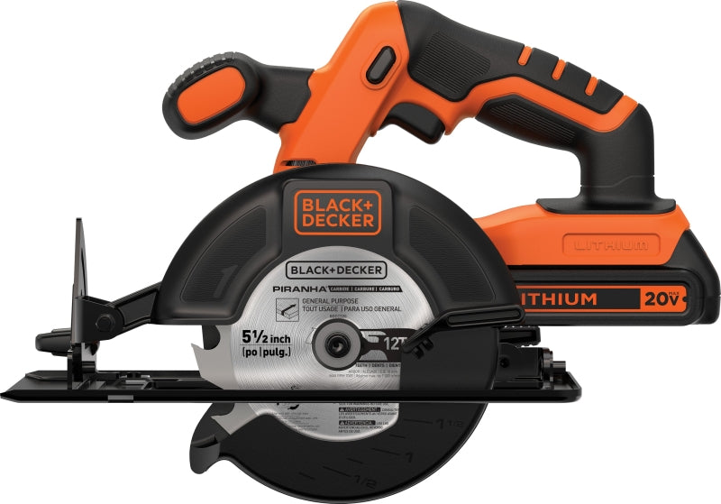 Black+Decker BDCCS20C Circular Saw Kit, Battery Included, 20 V, 1.5 Ah, 5-1/2 in Dia Blade, 45 deg Bevel