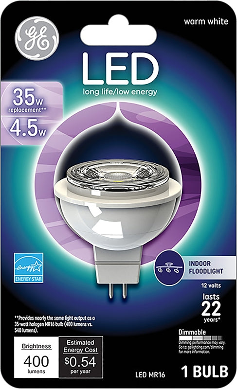 GE 93095554 LED Bulb, Flood/Spotlight, MR16 Lamp, 35 W Equivalent, Dimmable, Soft White Light