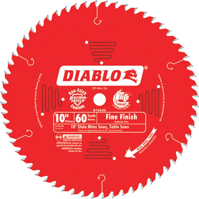 Diablo D1060S Miter Saw Blade, 10 in Dia, 5/8 in Arbor, 60-Teeth, Carbide Cutting Edge