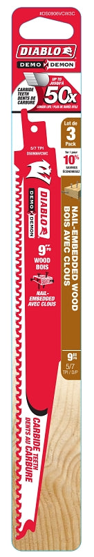 Diablo DS0906VCW3C Reciprocating Saw Blade, 9 in L, Carbide Cutting Edge, 3/PK