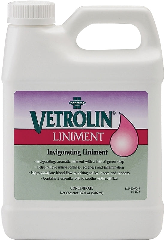 Farnam Vetrolin 80192 Invigorating Liniment, Liquid, Transparent Green, Alcoholic Aroma, 32 oz