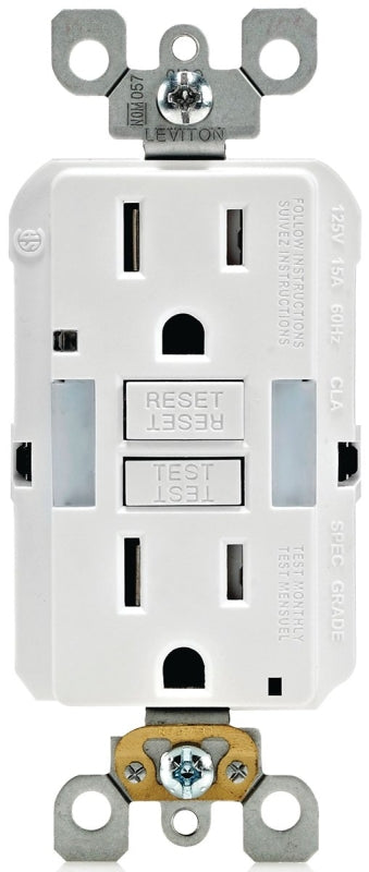 Leviton R92-GFNL1-00W GFCI Duplex Receptacle with Guide Light, 2 -Pole, 15 A, 125 V, Back, Side Wiring, NEMA: 5-15R