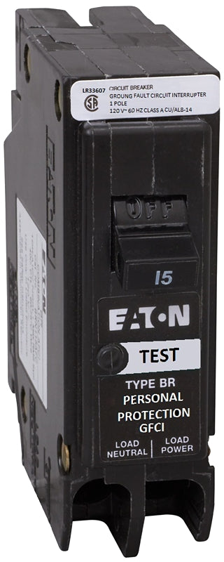 Eaton BRP115GFC Circuit Breaker, GFCI, Type BR, 15 A, 1-Pole, 120 VAC, Center, Long Time, Instantaneous Trip