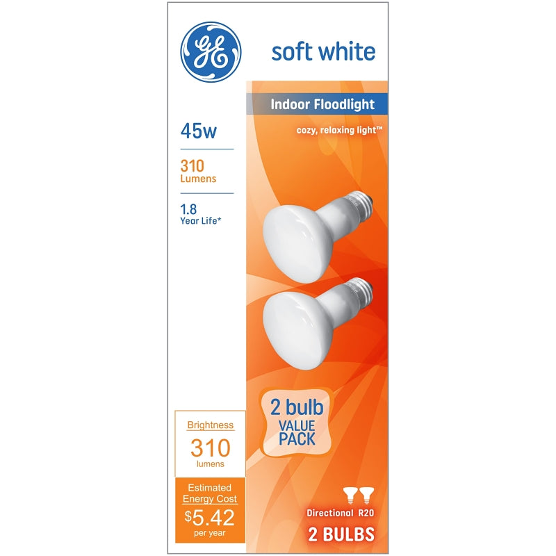 GE 18279 Light Bulb, CC-6 Filament, 2.5 in Dia x 3.31 in L Dimensions, 45 W, R20 Lamp, E26 Medium Lamp Base, 310 Lumens