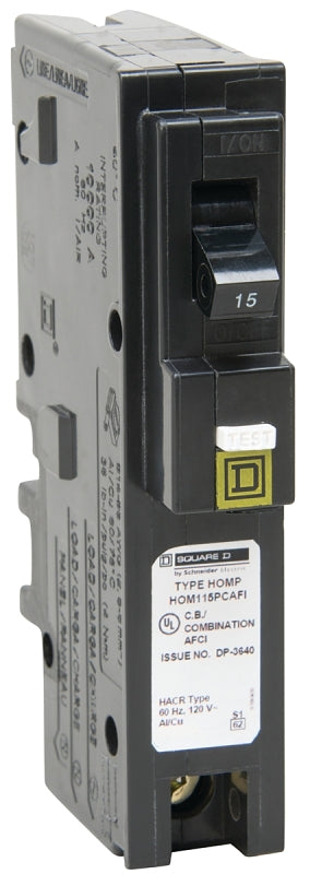 Square D HOM115PCAFIC Circuit Breaker, CAFCI, Mini, 15 A, 1 -Pole, 120 V, Plug Mounting