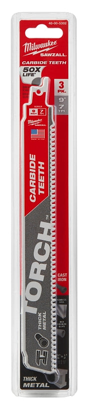 Milwaukee TORCH 48-00-5302 Reciprocating Saw Blade, 1 in W, 9 in L, 7 TPI, Carbide Cutting Edge, 3/PK