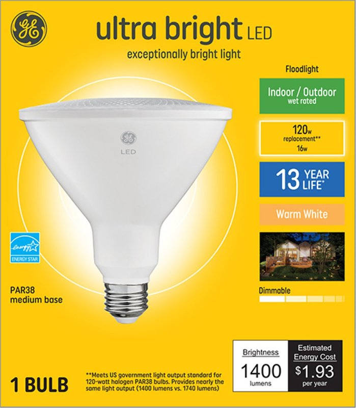 GE 37644 LED Bulb, Flood/Spotlight, PAR38 Lamp, 120 W Equivalent, E26 Lamp Base, Dimmable, Warm White Light