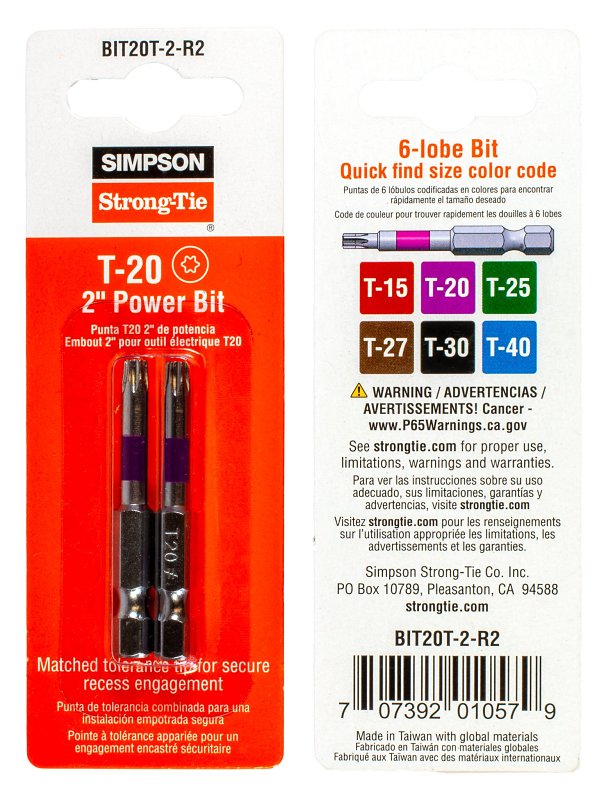 Simpson Strong-Tie BIT20T-2-R2 Driver Bit, T20 Drive, 6-Lobe Drive, 1/4 in Shank, Hex Shank, 2 in L, Steel