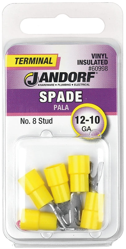 Jandorf 60998 Spade Terminal, 600 V, 12 to 10 AWG Wire, #8 Stud, Vinyl Insulation, Copper Contact, Yellow
