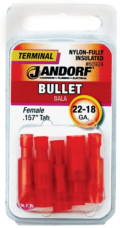 Jandorf 60924 Bullet Terminal, 600 V, 22 to 18 AWG Wire, Nylon Insulation, Copper Contact, Red