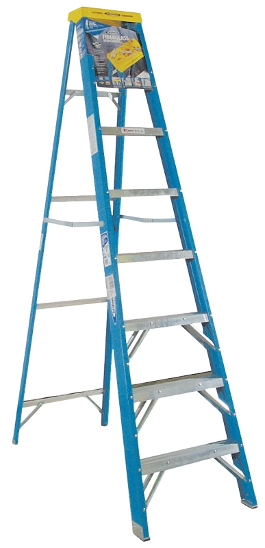 WERNER 6008 Step Ladder, 12 ft Max Reach H, 7-Step, 250 lb, Type I Duty Rating, 3 in D Step, Fiberglass, Blue