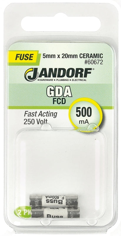 Jandorf 60672 Fast Acting Fuse, 500 mA, 250 V, 1500 A Interrupt, Ceramic Body