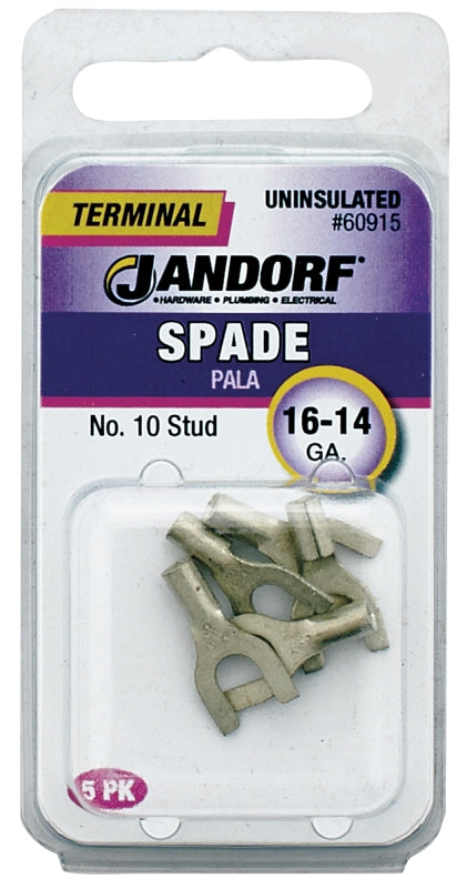 Jandorf 60915 Spade Terminal, 600 V, 16 to 14 AWG Wire, #10 Stud, Copper Contact, 5/PK