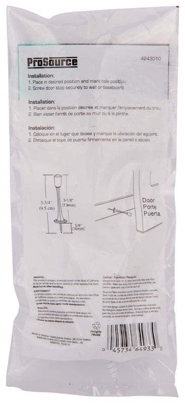 Prosource H20-Z028-PS Heavy-Duty Rigid Door Stop, 3-1/8 in Dia Base, 3-1/8 in Projection, Die-Cast Zinc & Plastic, White