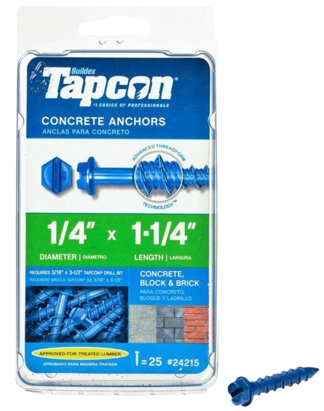 Tapcon 24215 Concrete Screw Anchor, 1/4 in Dia, 1-1/4 in L, Steel, Climaseal