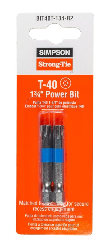 Simpson Strong-Tie BIT40T-134-R2 Driver Bit, T40 Drive, 6-Lobe Drive, 1/4 in Shank, Hex Shank, 1-3/4 in L, Steel