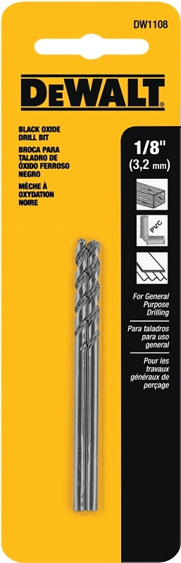 DeWALT DW1108 Jobber Drill Bit, 1/8 in Dia, 2-3/4 in OAL, Parabolic Flute, 1/8 in Dia Shank, Round Shank