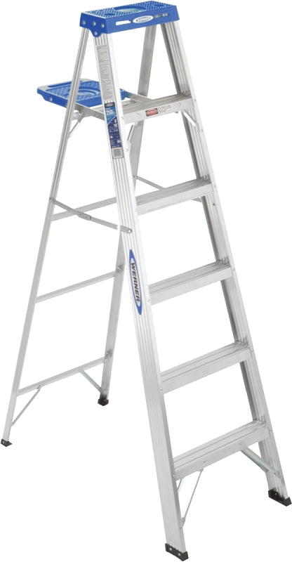 Werner 366 Step Ladder, 6 ft H, Type I Duty Rating, Aluminum, 250 lb, 5-Step, 10 ft Max Reach