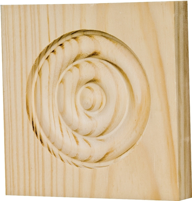 Waddell RTB35OAK Trim Block, 3-3/4 in H, 3-3/4 in W, Rosette Pattern, Oak Wood