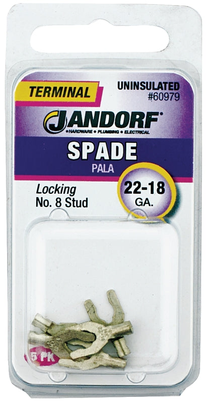 Jandorf 60979 Spade Terminal, 600 V, 22 to 18 AWG Wire, #8 Stud, Copper Contact, 5/PK