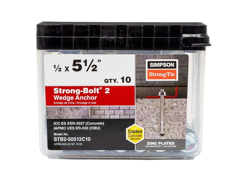 Simpson Strong-Tie Strong-Bolt 2 STB2-50512C10 Wedge Anchor, 1/2 in Dia, 5-1/2 in L, Carbon Steel, Zinc Plated
