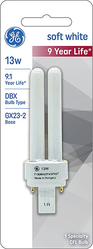 GE 13578 Fluorescent Tube, 13 W, T4 Lamp, GX23-2 Lamp Base, 810 Lumens, 2700 K Color Temp, Soft White Light