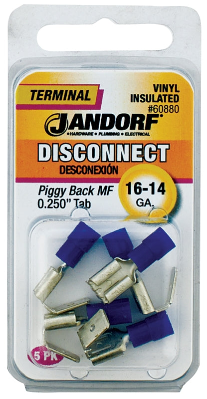 Jandorf 60880 Disconnect Terminal, 16 to 14 AWG Wire, Vinyl Insulation, Copper Contact, Blue, 5/PK
