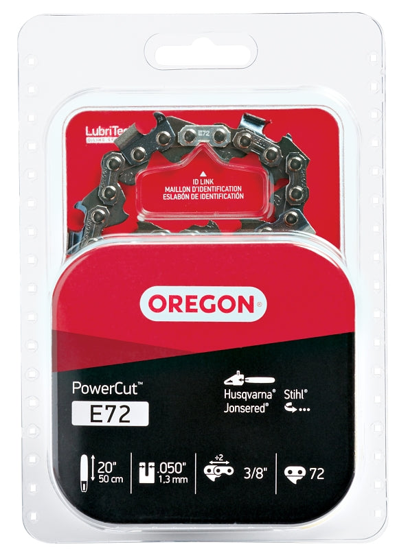 Oregon PowerCut E72 Chainsaw Chain, 20 in L Bar, 0.05 Gauge, 3/8 in TPI/Pitch, 72-Link