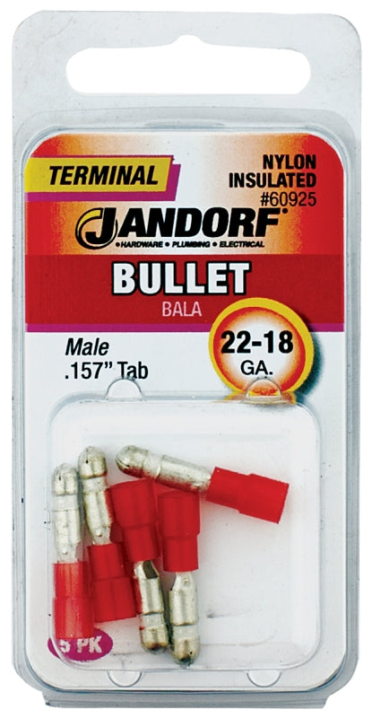 Jandorf 60925 Bullet Terminal, 600 V, 22 to 18 AWG Wire, Nylon Insulation, Copper Contact, Red