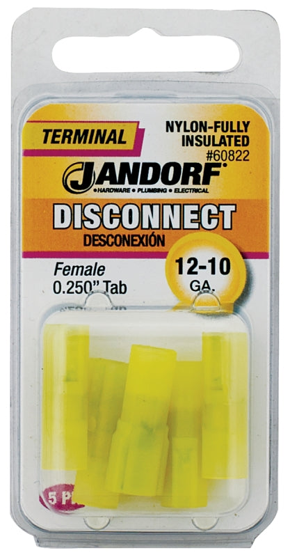 Jandorf 60822 Disconnect Terminal, 12 to 10 AWG Wire, Nylon Insulation, Copper Contact, Yellow