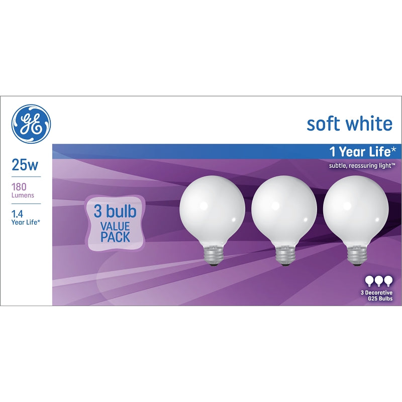 GE 48064 Light Bulb, 25 W, G25 Lamp, E26 Medium Lamp Base, 180 Lumens, 2500 K Color Temp, Soft White Light