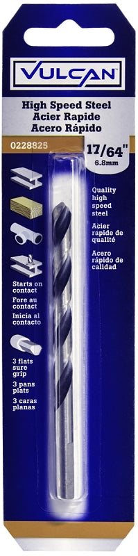 Vulcan Jobber Drill Bit, 17/64 in Dia, 4-1/8 in OAL, 3-Flat Shank