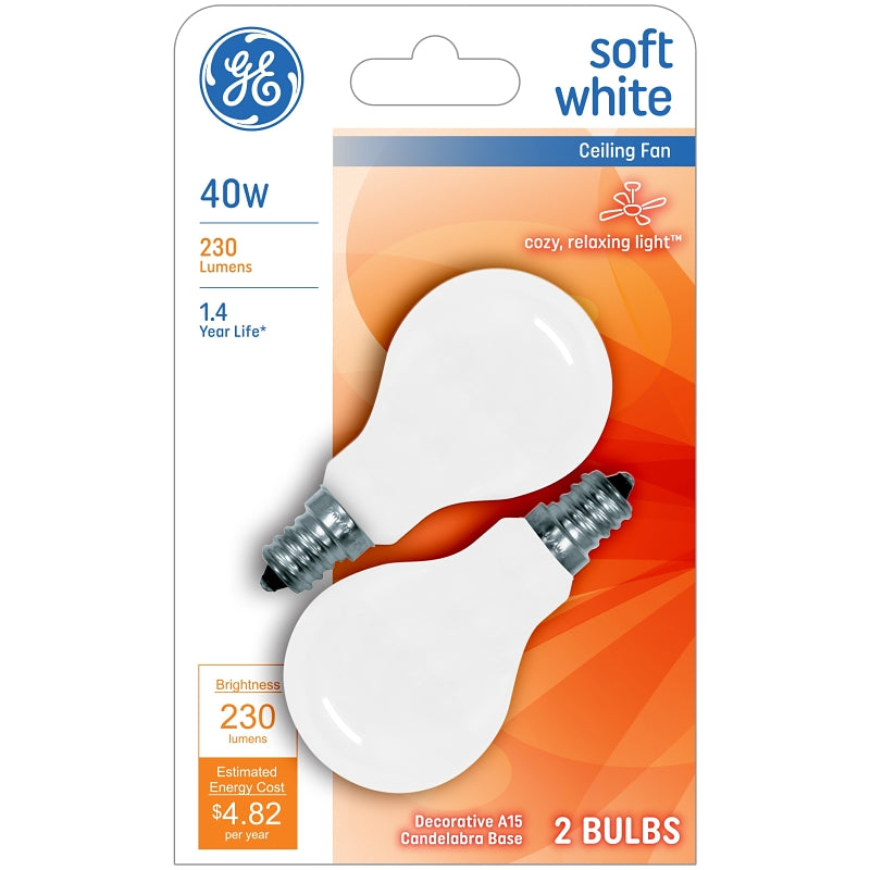 GE 71394 Ceiling Fan Bulb, 40 W, A15 Lamp, E12 Candelabra Lamp Base, 230 Lumens, 2500 K Color Temp, White Light