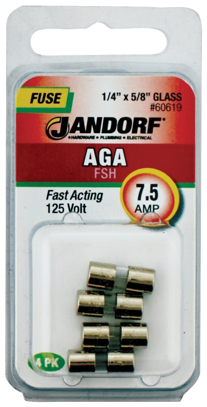 Jandorf 60619 Fast Acting Fuse, 7.5 A, 125 V, 1 kA Interrupt, Glass Body