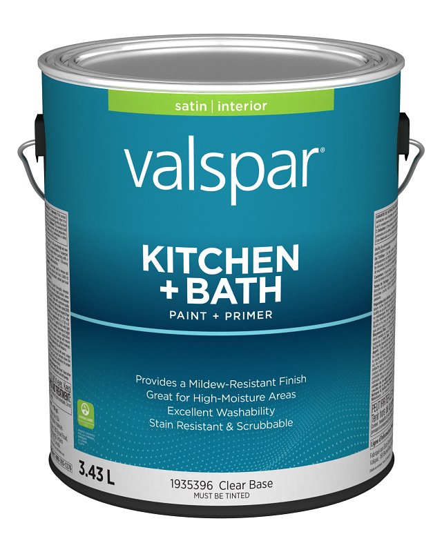 Valspar 029.1935396.007 Kitchen and Bath Interior Paint and Primer, Satin, Clear, 1 gal