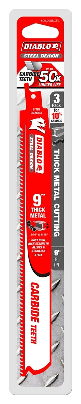 Diablo DS0908CF3C Reciprocating Saw Blade, 1 in W, 9 in L, 8 TPI, Carbide Cutting Edge