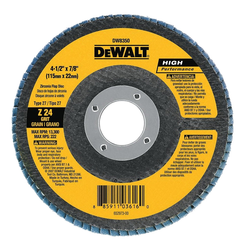DeWALT DW8356 Flap Disc, 4-1/2 in Dia, 5/8-11 Arbor, Coated, 40 Grit, Coarse, Zirconia Abrasive