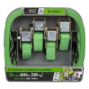 SmartStrap 146 Tie-Down, Cam Buckle, 1 in W, 10 ft L, Steel, Green, 300 lb, S-Hook End Fitting, Steel End Fitting